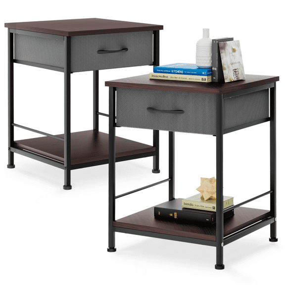 RTRWDC 2-Pack Nightstand, Open Storage Side Table with MDF Top & Fabric Drawer, Cinnamon Cherry Bedside Storage Cabinet for Bedroom Living Room