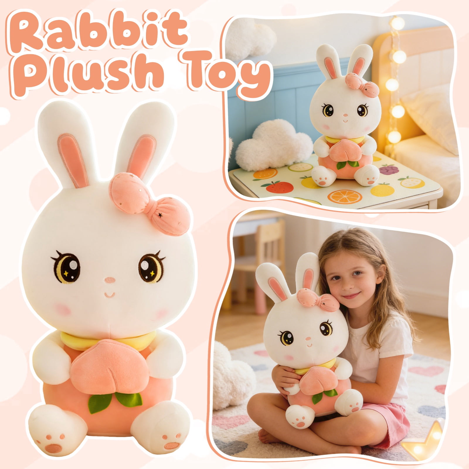 Cute Cartoon Bunny Plush Toy Holding Peach, Soft Rabbit Stuffed Animal Doll for Home Decor and Holiday Gifts, Adorable Animal Character Plushie 19.69-inch