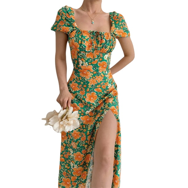 VISgogo Vestido de manga corta para mujer con estampado floral, correa de cuello cuadrado, versión dividida, ropa de verano VISgogo moda