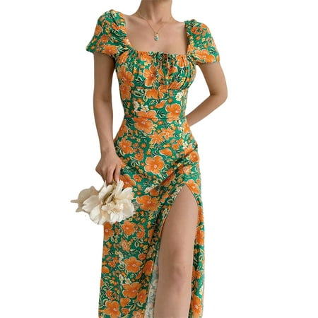 

AMILIEe Women Short Puff Sleeve Floral Dresses Square Neck Split One-pieces