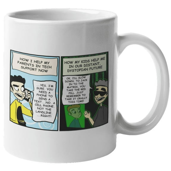 Tech Support Teaching His Parents. Funny Cute Comic Coffee & Tea Mug For Moms, Dads, Boss, Customer Service Representative, Software Engineers, IT Professional, Computer Helpdesk & Coders (11oz)