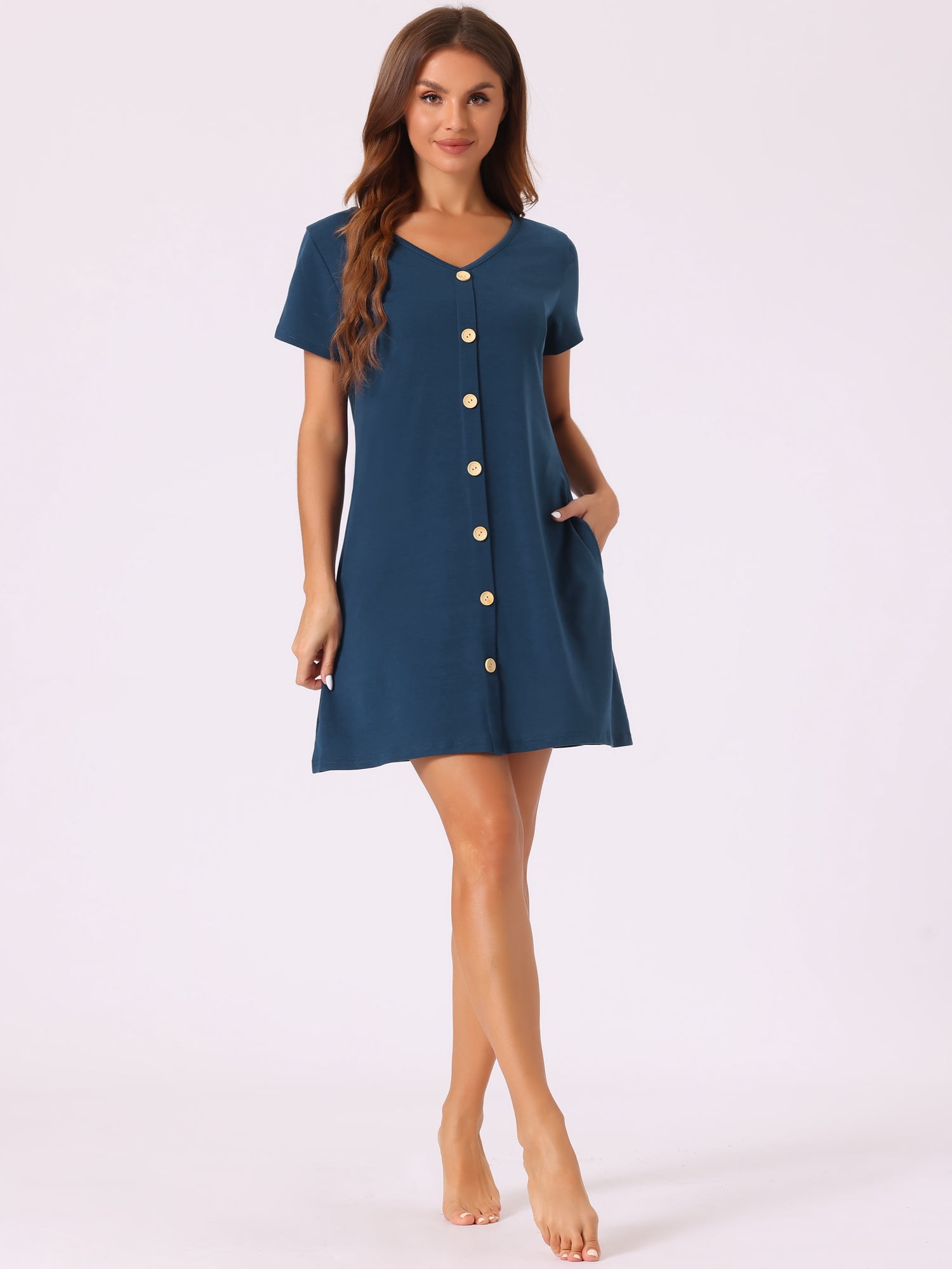 DARING DIVA Women's Button Short Sleeve Soft Short Nightgown XS Navy Blue