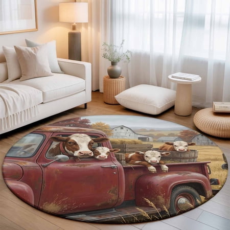 Large Round Rug 8Ft Farm Cow Non-Slip Washable Circle Rugs Carpet Country Vintage Red Truck Animals Barn Trees Indoor Outdoor Rug Floor Mats Throw Runner for Bedroom Living Room Bathroom