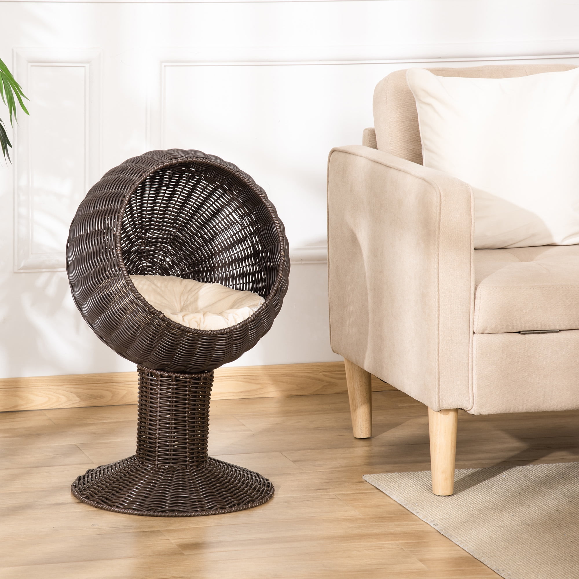 PawHut 27" Hooded Elevated Cat Bed Rattan Kitten Condo Round with Cushion, Coffee