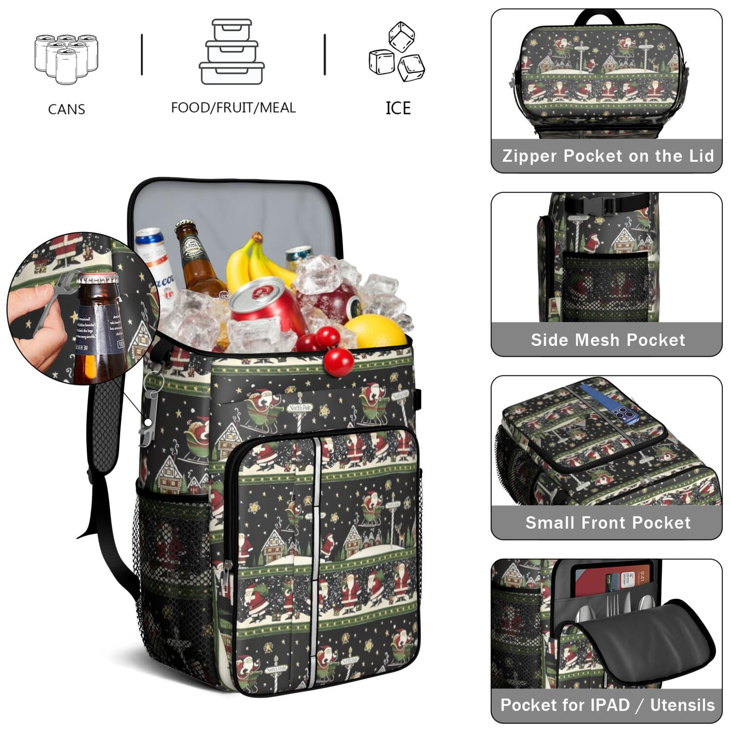 Travel Cooler Bag - Black Christmas Santa Pattern Camping Beer Cooler Backpack with Bottle Opener- Waterproof Insulated Picnic Backpacks - Cooler Bag for Beach