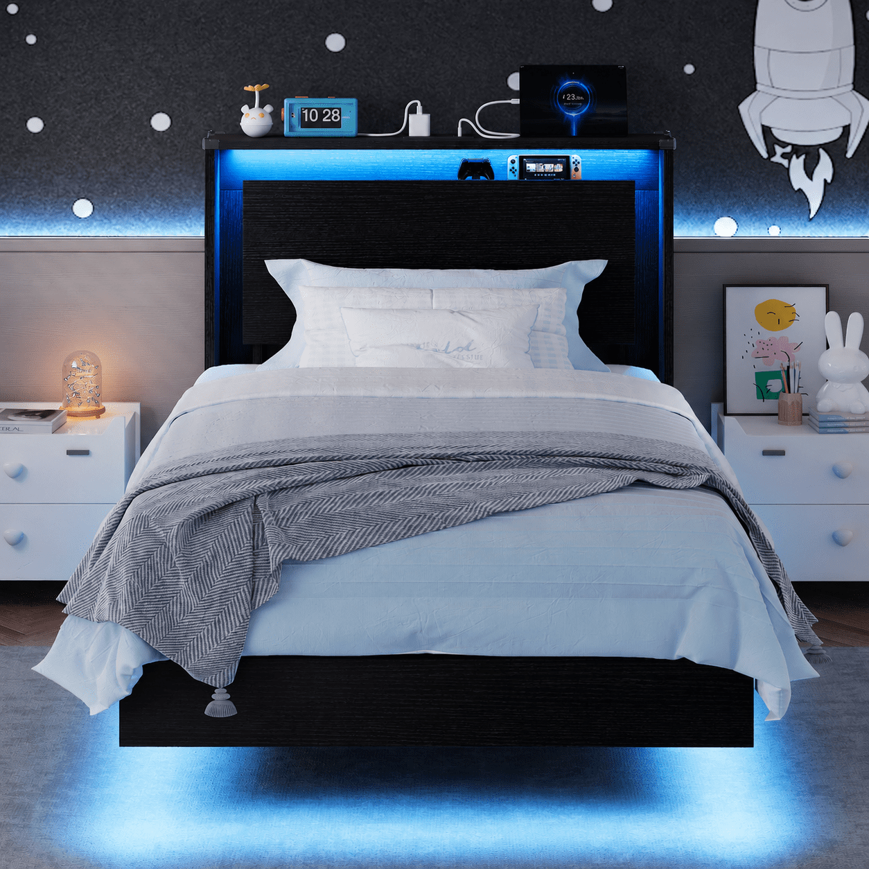 Einhomn Twin Size Floating Bed Frame with  LED Lights & Charging Station,Wood Platform Bed Frame with Storage Headboard,Noise Free,No Box Spring Needed,Easy to Assemble-Black