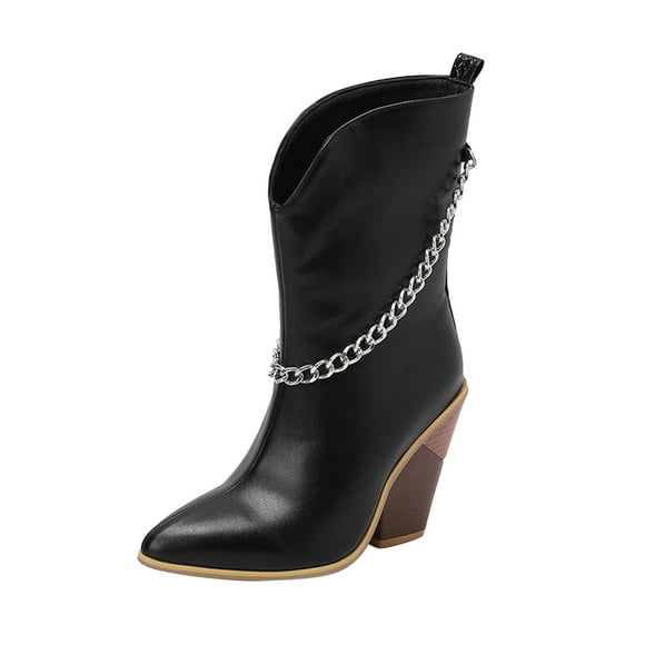 2DXuixsh Winter Shoes Women Ladies Fashion Leather Metal Chain Print Pointed Thick High Heel Short Boots Non Slip Fashion Ankle Bootie Black Size 38