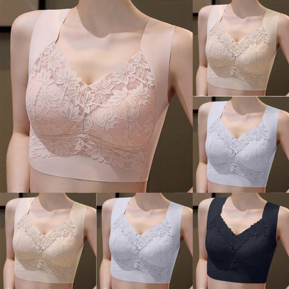 Gymayou Women Wireless Pullover Vest Lace Bra V-Neck Seamless Sleep Bralette Wide Comfort Strap Beauty Back Breathable Lingerie Beige 2XL