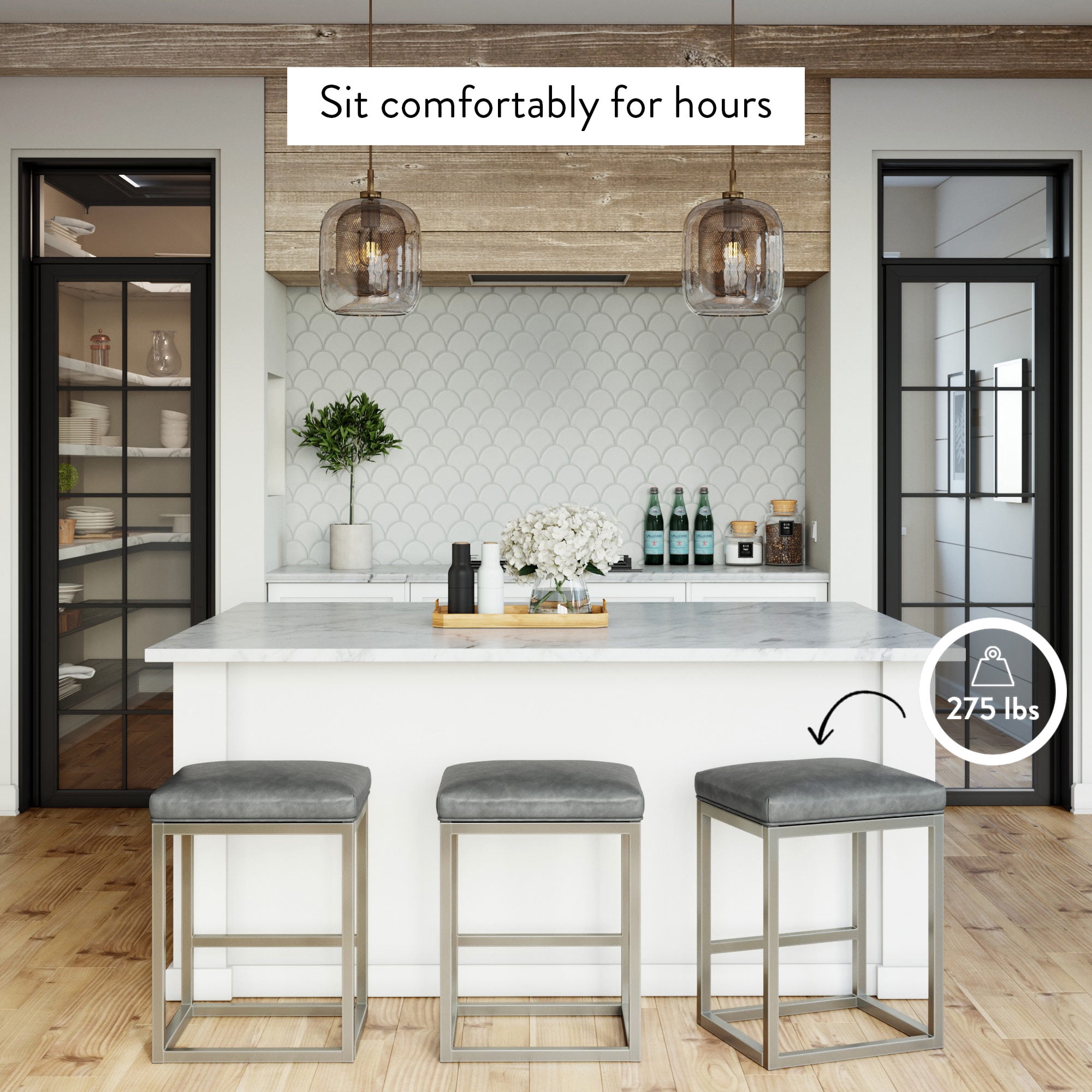 Nathan James Nelson Bar Stool with Leather Cushion and Metal Base, 24", Gray/Stainless Steel