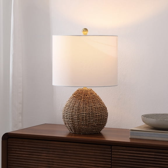 JONATHAN Y Kona 20.5" Bohemian Classic Rattan/Iron LED Table Lamp, Brown/Brass Gold