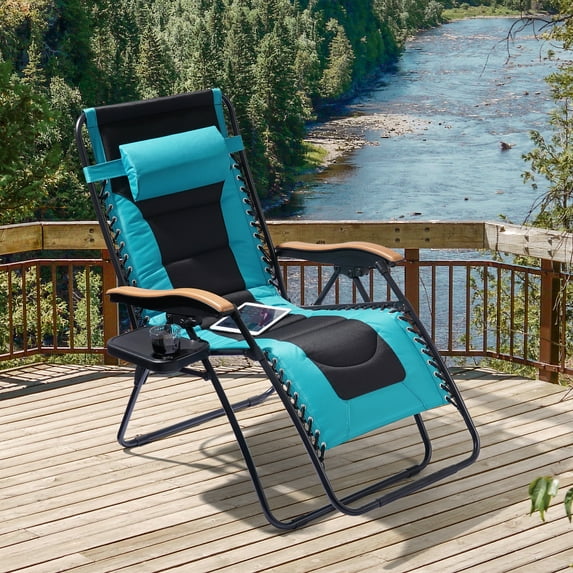 ACEGOSES Padded Patio Zero Gravity Chair Folding Recliner w/ Side Tray Adjustable Headrest - Turquoise blue