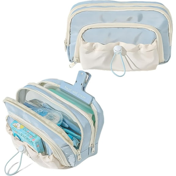 Pencil Case Big Capacity Pen Holder Large Opening Pencil Pouch Box Cute Aesthetic Drawstring Pen Case (Blueberry Blue)