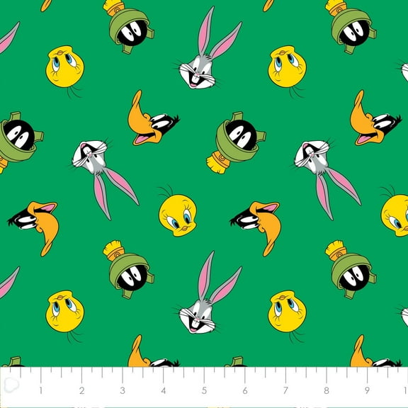 Looney Tunes Fabric Tossed Faces in Green 100% Cotton Fabric Sold by the Yard