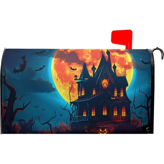 Halloween Starry Night Haunted Castle Mailbox Covers Magnetic Standard Size 18" X 21",Spooky Pumpkins Bats Full Moon Mailbox Wraps Post Letter Box Cover for Holiday Garden Yard Decor