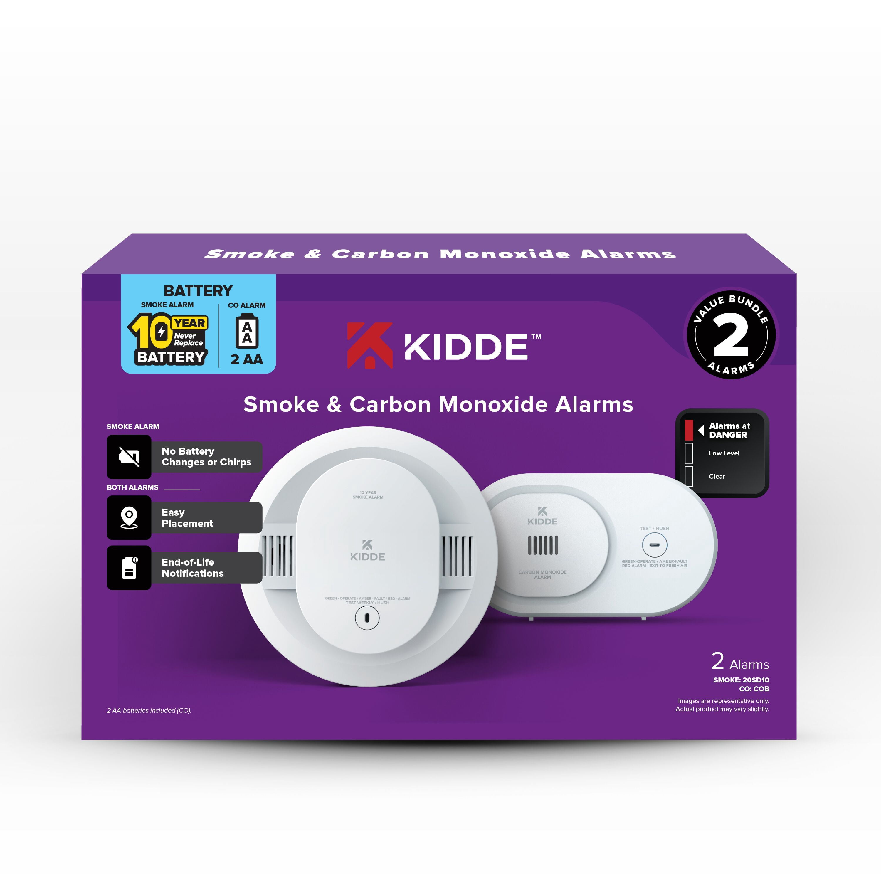 Kidde COB/20SD10 10-Yr Battery-Powered Photoelectric Smoke Alarm & AA Battery-Powered Electrochemical CO Alarm
