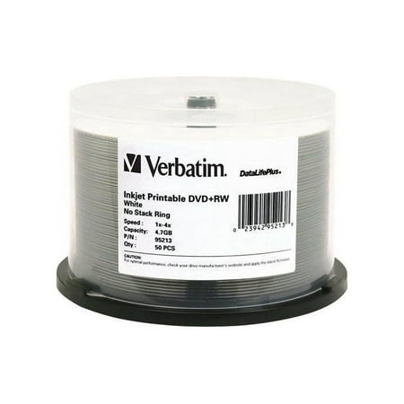 UPC: 0023942952138 | Verbatim 95213 Verbatim DVD+RW 4.7GB 4X DataLifePlus White Inkjet Printable – 50pk Spindle – 4.7GB – 50 Pack