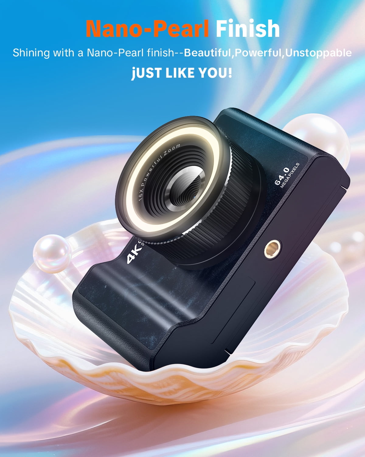 W&O Q5 4K Digital Camera, 180° Flip Screen Point and Shoot Camera with Ring Light, SD Card, Black