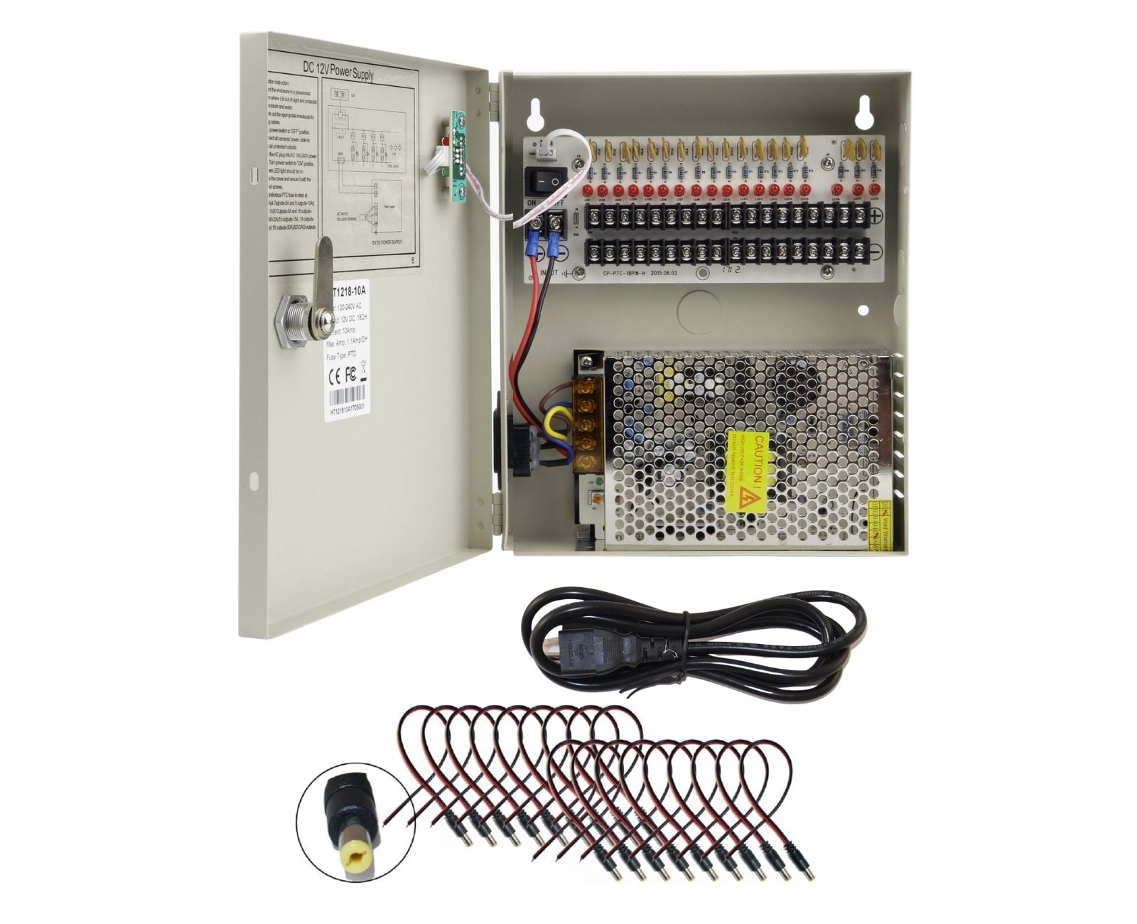 Evertech 16 Channel DC 12V 10A CCTV Distributed Power Supply Box with DC Male Power Conenctors