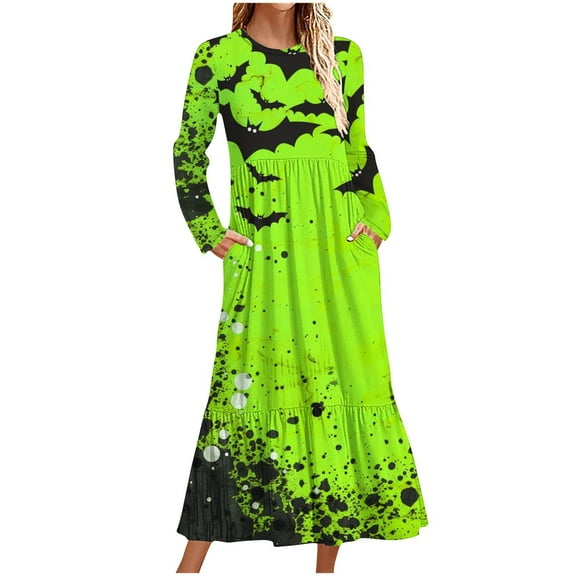 WXLWZYWL Womens Halloween Dress Plus Size Womens Dresses Fall 2024 Floral Printed Long Dress Long Sleeve Round Neck Sundress
