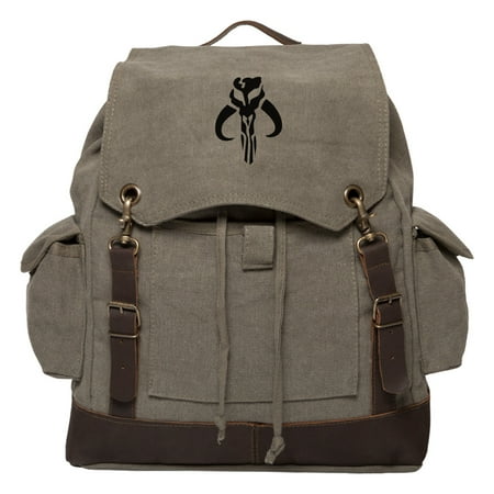 Star Wars Mandalorian Skull Boba Fett Canvas Rucksack Backpack w/ Leather
