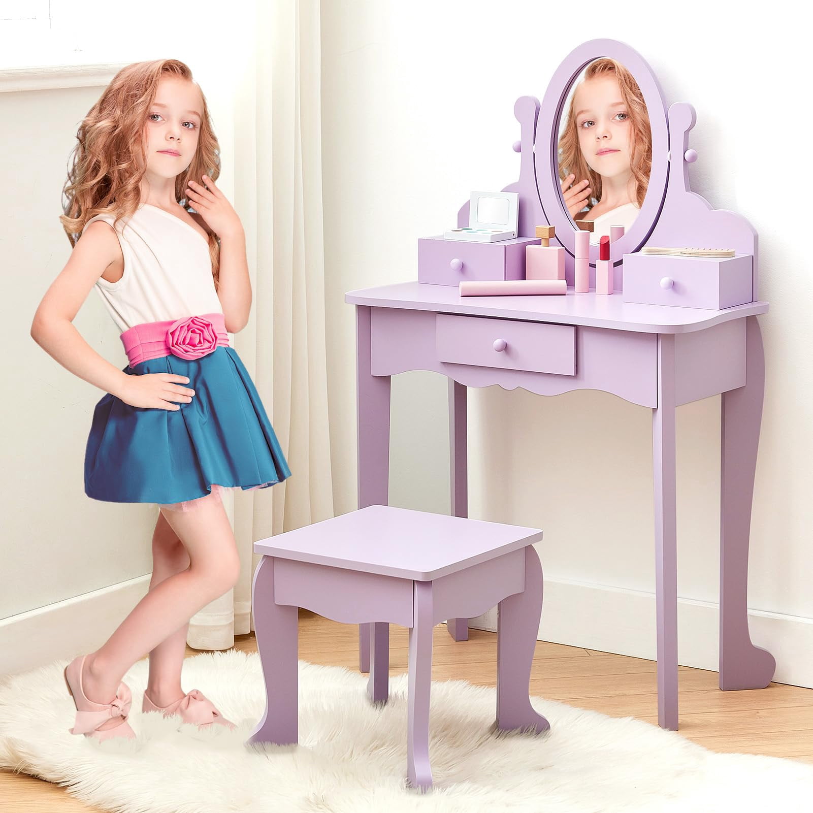 Princess Vanity Set for Little Girls – Complete Makeup Dressing Table & Stool Playset Perfect Pretend Play Station for Ages 3-9