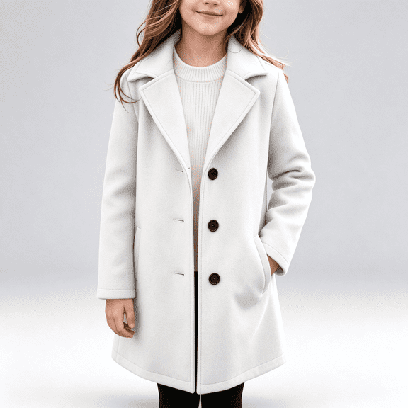 NEBWOAK Toddler Girls White Wool Blend Winter Mid-Length Overcoat with Notched Lapel & Button Front for School,Size 4-5T