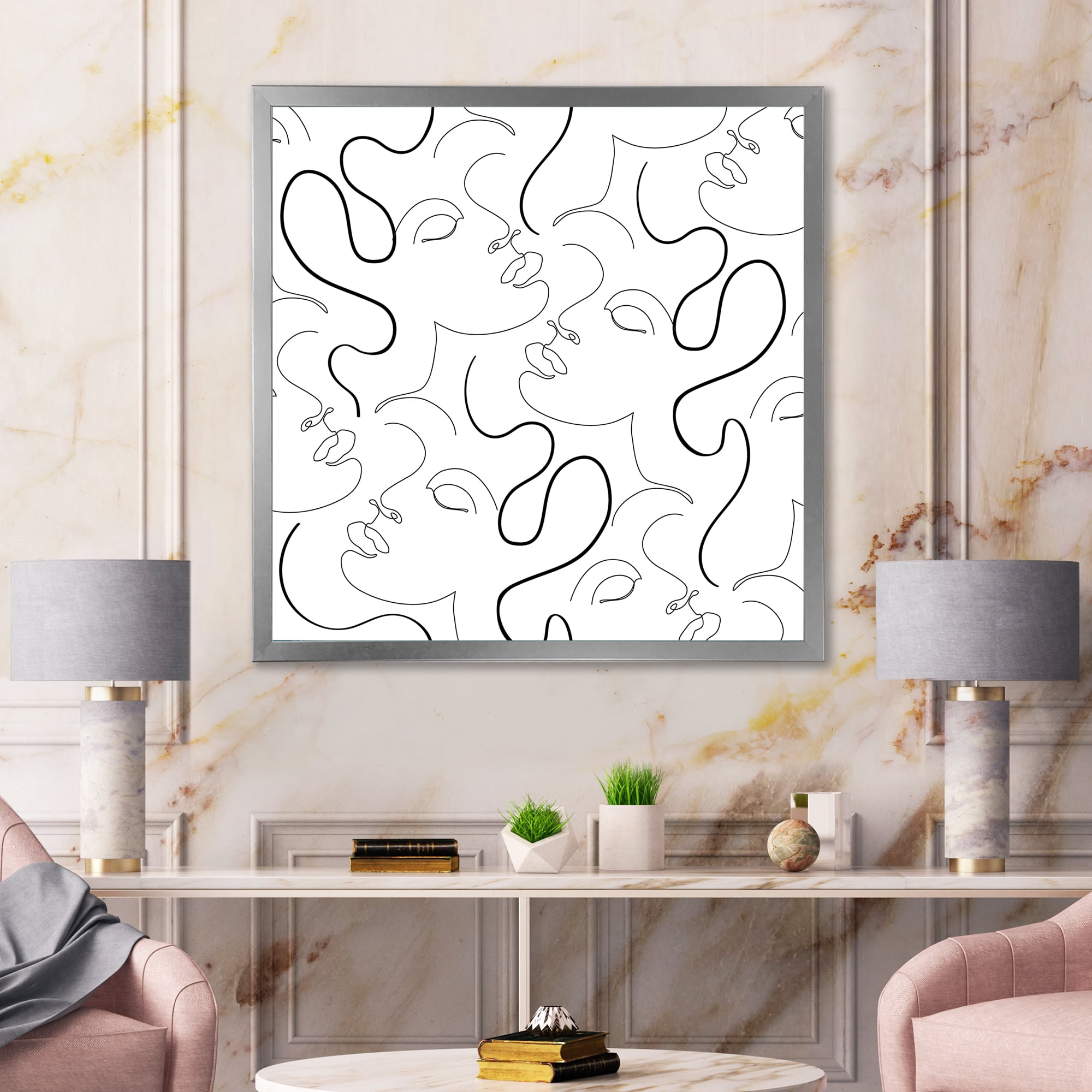 Designart 'Black and White One Line Drawing Portraits' Modern Framed Art Print