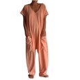 thumbnail image 2 of Summer savings SEMPAI Women's Summer Solid Color V-neck Short-sleeved Oversized Pocket Straight Pants Daily Casual Loose Low-grade Jumpsuit Pants Up to 65% off, 2 of 6