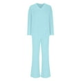 thumbnail image 6 of QATAINLAV 2 Piece Lounge Sets for Women Ribbed Knit Long Sleeve V Neck Pullover Tops Matching Wide Leg Pants Fall Winter Pajama Outfits Light Blue S, 6 of 9