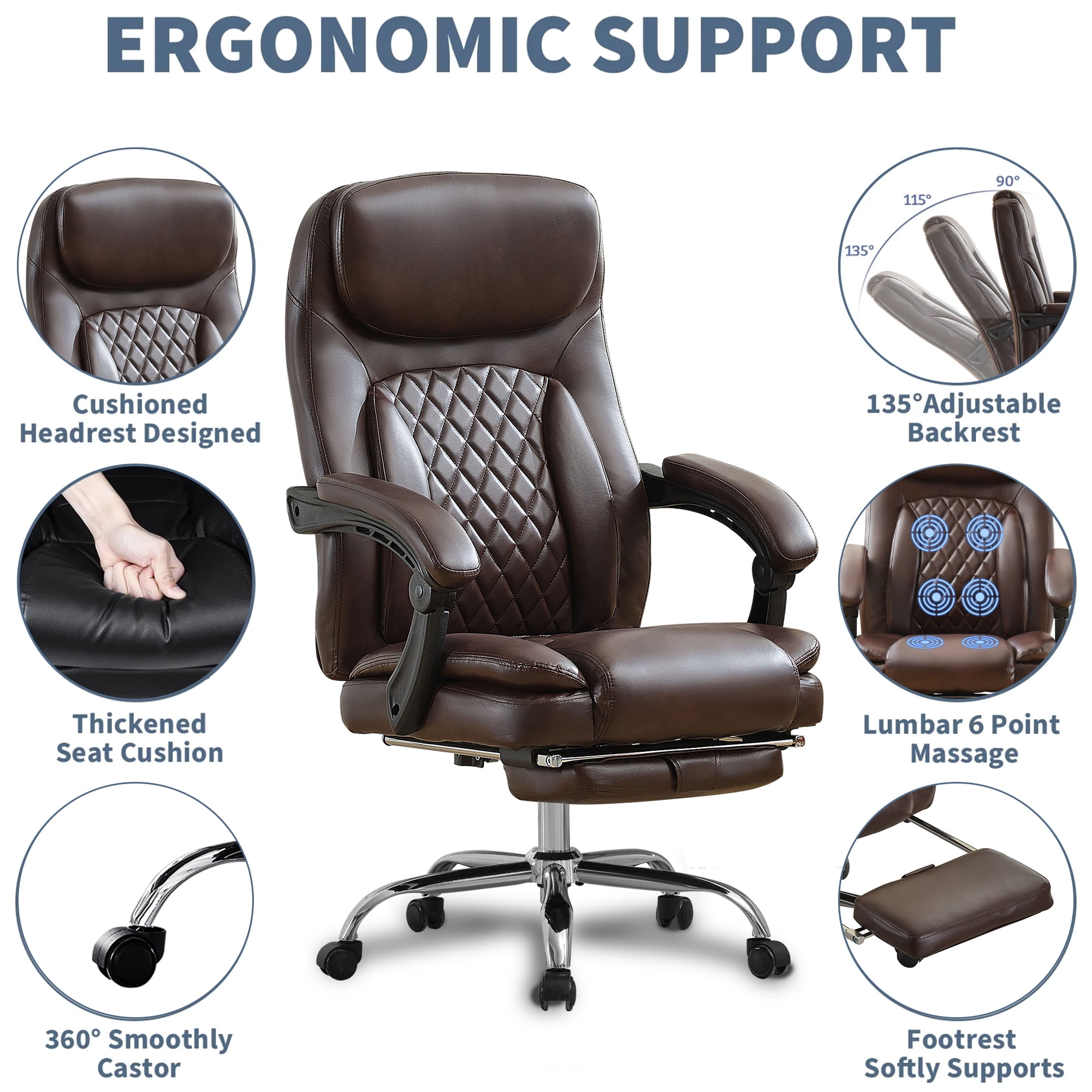 JONPONY Big and Tall Office Chair 500LBS Executive Office Chair Massage and Footrest Ergonomic Computer Desk Chair Reclining High Back Leather Office Chair Lumbar Back Support Swivel Rolling,Brown