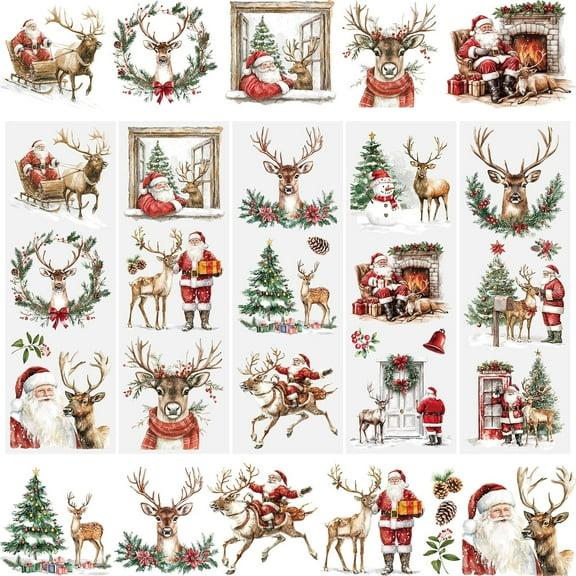 5 Sheets Christmas Moose Rub on Transfer Stickers,Christmas Trees Window Decals Milu Deer Scrapbook Stickers Santa Claus Cup Decals Decoupage Paper for Furniture,10 * 30cm