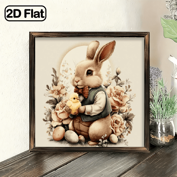 2D Flat, 1pc wooden frame Easter Bunny & Chick Door Sign, 8x8 Inch Hanging Home Decor Sign, Cute Floral Welcome Wall Plaque, Rustic Home Garden Decor for Front Door Porch Bedroom Living Room,