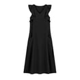 thumbnail image 4 of Women's Cotton Linen Midi Dress Summer Solid Color V‑Neck Ruffle Cap Sleeve Loose Dress with Dual Side Pockets Black S(S), 4 of 6