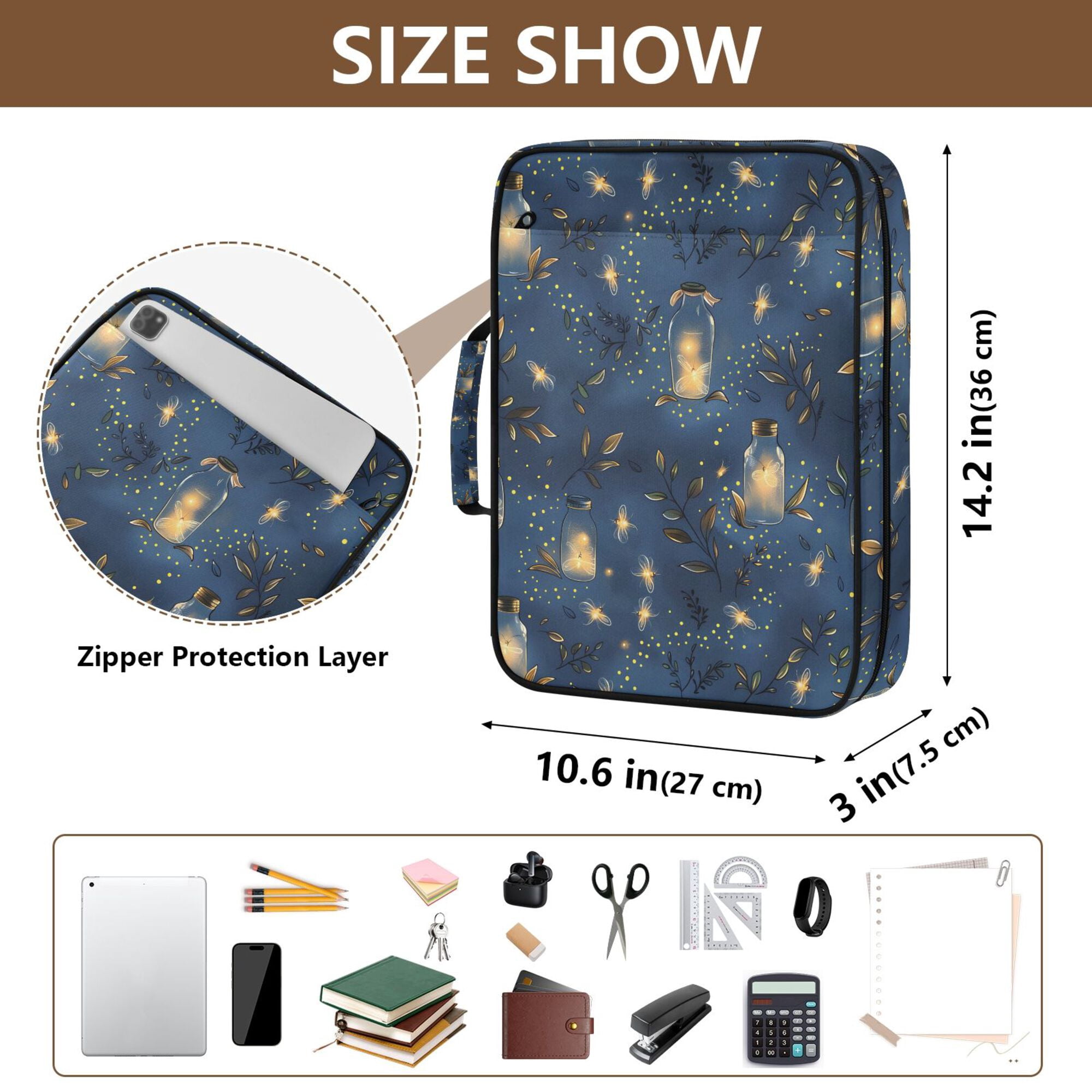 FORMRS Accordion File Folder A4 Size 7-Pocket Expanding Document Organizer Bag with 3 Ring Binder, Blue Firefly Pattern