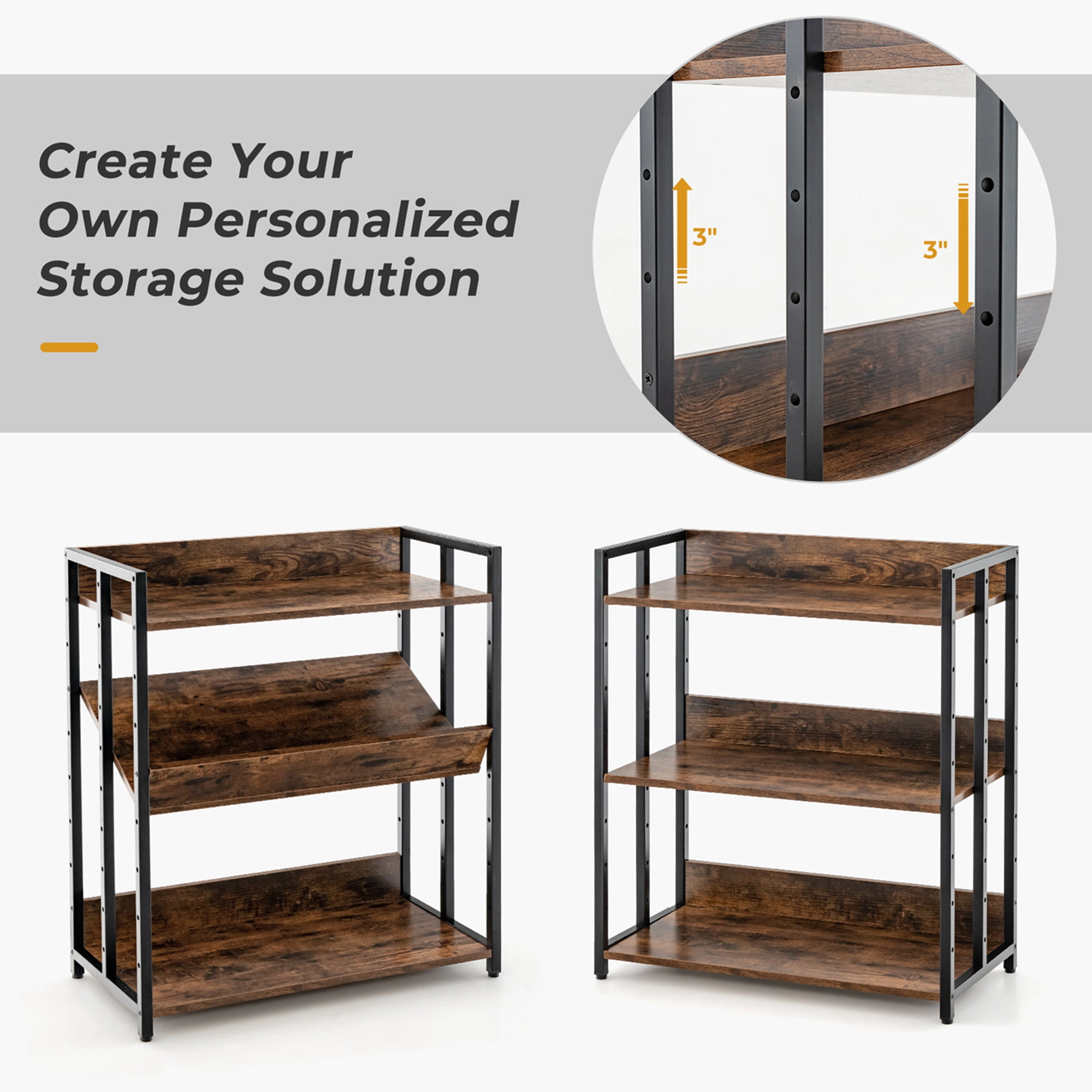 Costway 3-Tier Industrial Metal Frame Corner Bookcase with Adjustable Shelves Rustic Brown