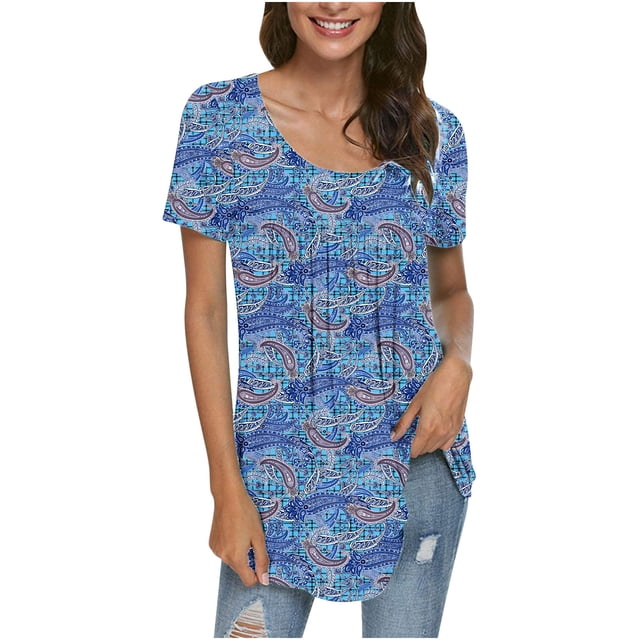 Pompotops Femmes Mode Imprimé Casual Col Rond Manches Courtes T-Shirt Blouse Tops