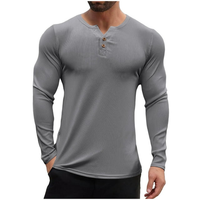 Plebaso Men's Long Sleeve Ribbed T-Shirts Button up V Neck Tee Casual Lightweight Muscle Tops for Men