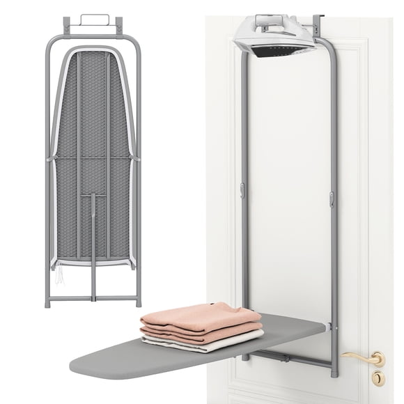 Gymax Space-Saving Over the Door Ironing Board w/ Iron Holder & Cotton Cover Gray