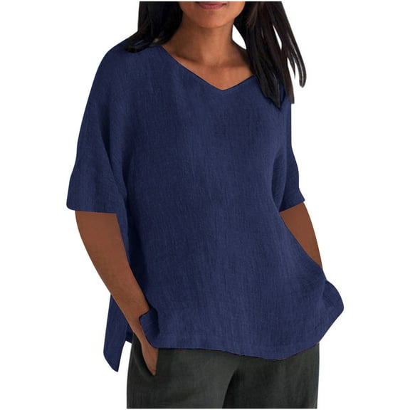 STETMN Women's V-Neck Short Sleeve Loose Button And Linen Tunic Shirts Summer Shirts Blouse