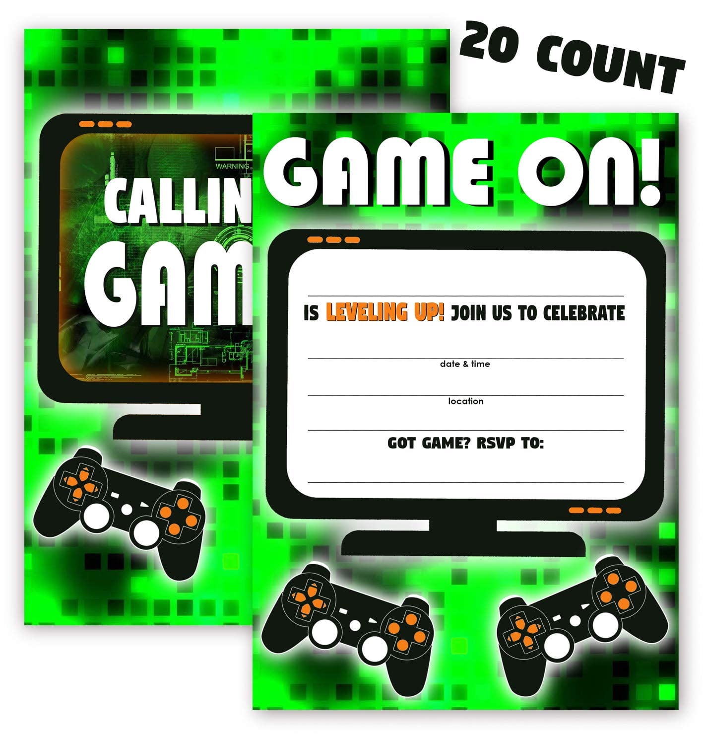 gaming green party invitations - 20 invitations + 20 envelopes