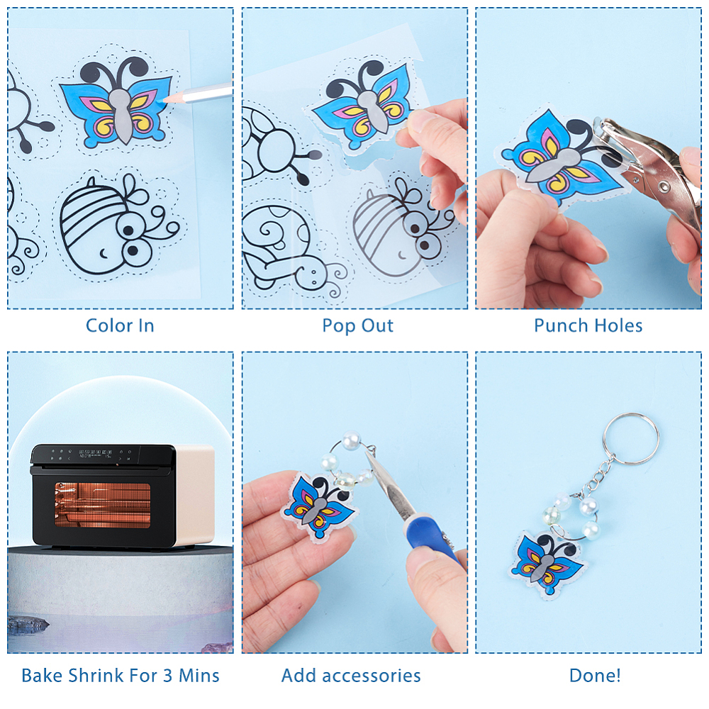 1 Set DIY Heat Shrinky Art Pendant Keychain Earrings Making Kit Including Heat Shrink Sheets Plier & Tweezers Iron Keychains & Ball Chain &
