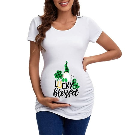 

St Patricks Day Womens Maternity Short Sleeve Crew Neck Letter Graphic Ruched Sides T Shirt Tops Pregnancy Tunic Blouse