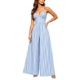 thumbnail image 2 of Snorda Jumpsuits for Women Striped Spaghetti Strap Jumpsuit with V-Neck Casual Loose Breathable Comfy High Waist Wide Leg Long Pants for Women Daily Wear Outing Looks, 2 of 7
