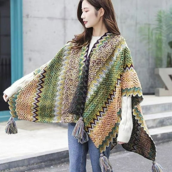 Knit Shawl Wrap Poncho Cape for Women, Ladies Knitted Cardigan Kimono with Fringe for Fall Winter
