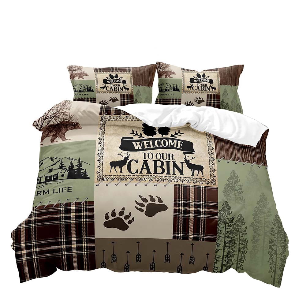 LUVIVIHOME 2PCS Cabin Farmhouse Bedding Set, Twin Duvet Cover, Bear Deer Elk Moose Woodland Animals Hunting Country Rustic Lodge Quilt Brown Plaid Patchwork Sage Green Comforter Cover, 1 Pillow Sham