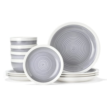 

American Atelier Spiral Dinnerware Set – 12-Piece Stonware Party Collection w/ 4 Dinner Salad Plates 4 Bowls – Unique Gift Idea for Any Special Occasion or Birthday Steel