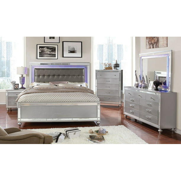 Contemporary Silver Finish Light, Mirrored Headboard Bedroom Set