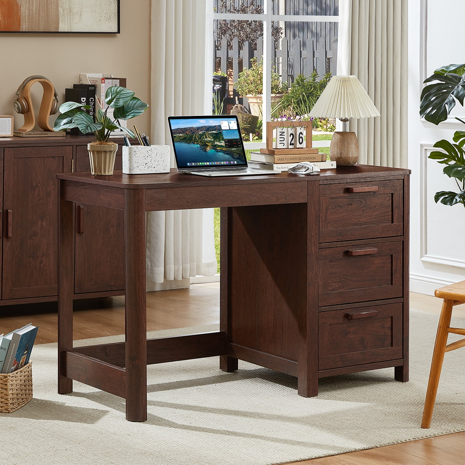 Joaxswe 48" Computer Desk with 3 Drawers, Wood Home Office Desk, Farmhouse PC Desk for Study, Bedroom, Walnut