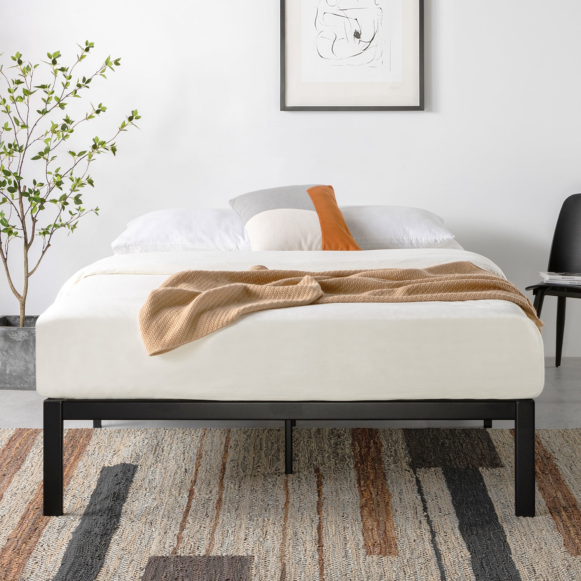 Mellow Rocky Base E Metal Platform Bed, Patented Wide Steel Slats, Black, Queen