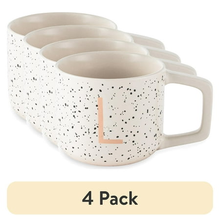 (4 pack) Thyme & Table 13.5 fl oz Monogram L White Speckled Stoneware Mug